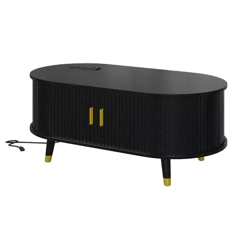 Set mobile TV da fattoria con tavolino da caffè per TV da 80 pollici, mobile TV scanalato con ante scorrevoli, centro di intrattenimento ovale con gambe in legno
