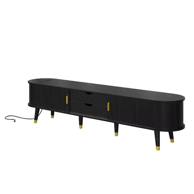 Set mobile TV da fattoria con tavolino da caffè per TV da 80 pollici, mobile TV scanalato con ante scorrevoli, centro di intrattenimento ovale con gambe in legno