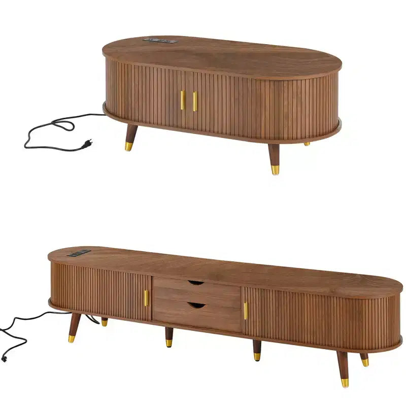 Set mobile TV da fattoria con tavolino da caffè per TV da 80 pollici, mobile TV scanalato con ante scorrevoli, centro di intrattenimento ovale con gambe in legno