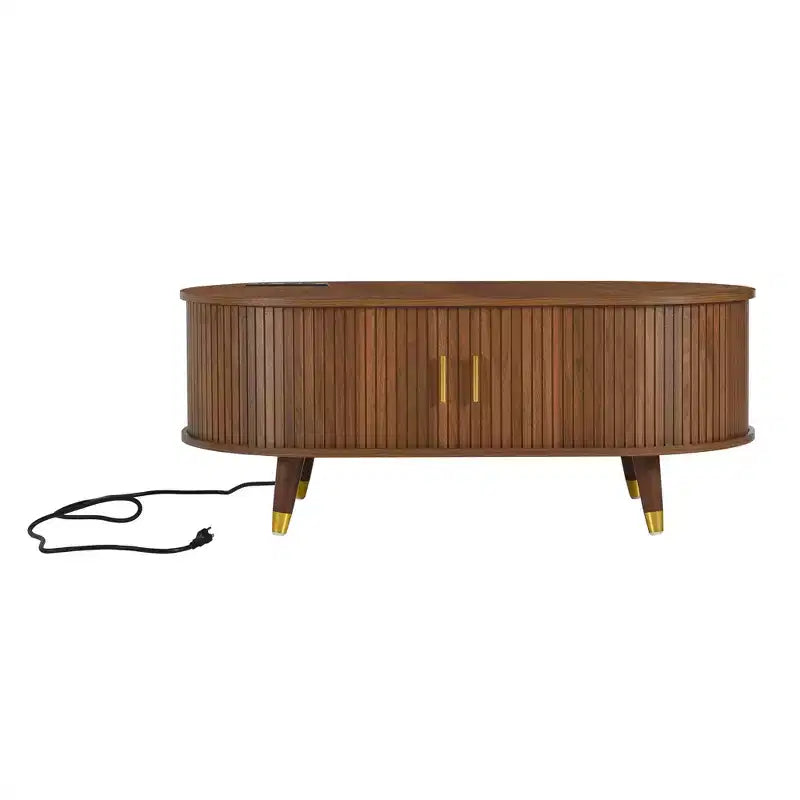 Set mobile TV da fattoria con tavolino da caffè per TV da 80 pollici, mobile TV scanalato con ante scorrevoli, centro di intrattenimento ovale con gambe in legno
