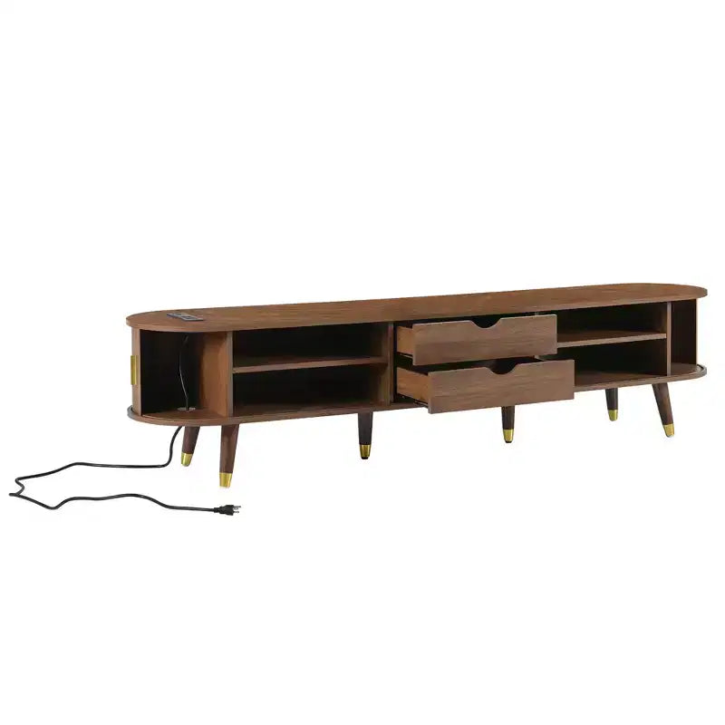 Set mobile TV da fattoria con tavolino da caffè per TV da 80 pollici, mobile TV scanalato con ante scorrevoli, centro di intrattenimento ovale con gambe in legno