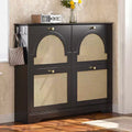 MAYEERTY Mid-Century Narrow Tipping Bucket Shoe Cabinet, 4 Flip Drawers 4 Rattan Doors 2 Silvery Hooks 42.1W, White