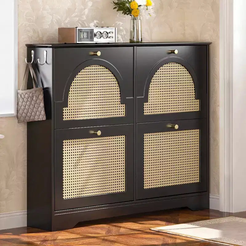 MAYEERTY Mid-Century Narrow Tipping Bucket Shoe Cabinet, 4 Flip Drawers 4 Rattan Doors 2 Silvery Hooks 42.1W, White