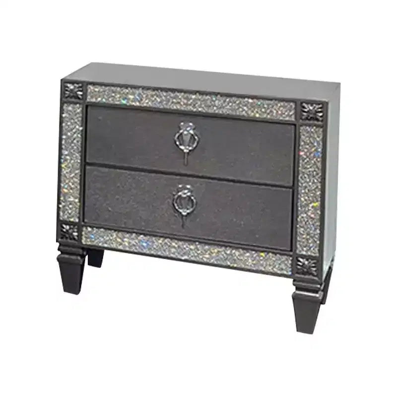 Royal Hampton Nightstand, 2 Drawers, Crystal Like Acrylic Trim, Gray Solid Wood