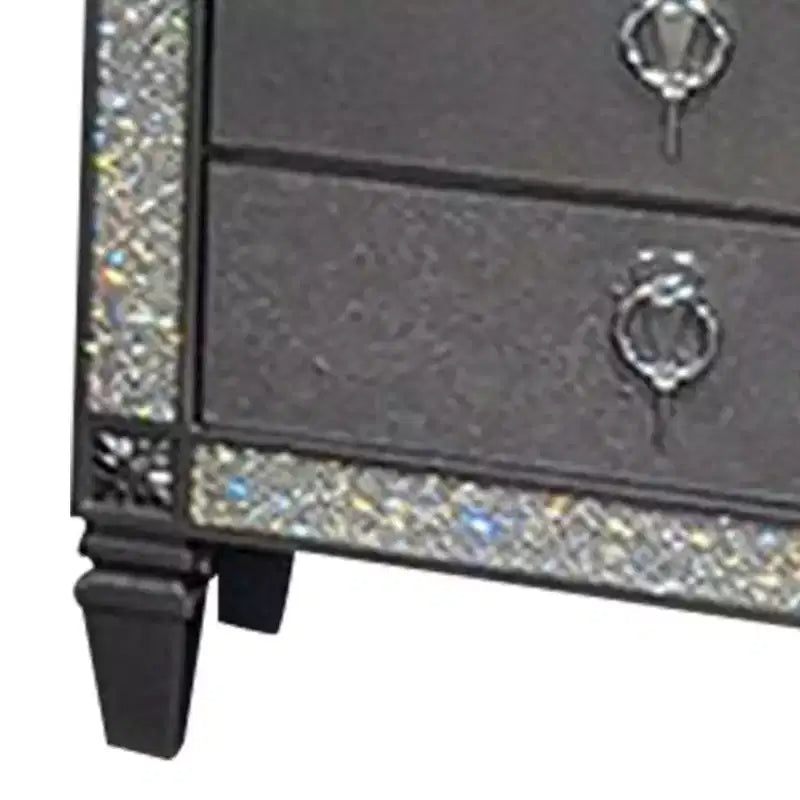 Royal Hampton Nightstand, 2 Drawers, Crystal Like Acrylic Trim, Gray Solid Wood
