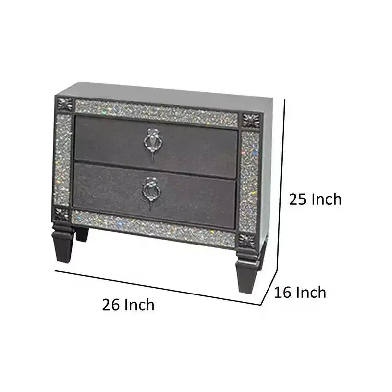 Royal Hampton Nightstand, 2 Drawers, Crystal Like Acrylic Trim, Gray Solid Wood