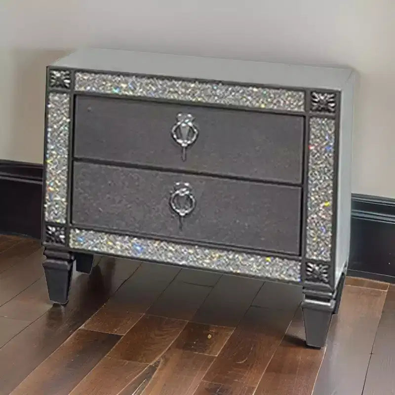 Royal Hampton Nightstand, 2 Drawers, Crystal Like Acrylic Trim, Gray Solid Wood