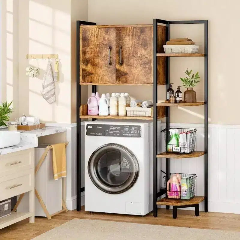 Tier Over Toilet Storage Cabinet with Magnetic Doors, Freestanding Above Toilet Shelf, Rustic Brown, Heavy Duty, Adjustable Feet