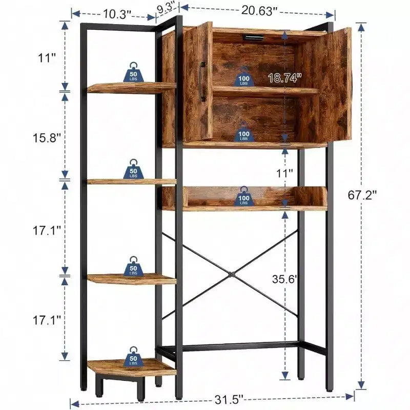 Tier Over Toilet Storage Cabinet with Magnetic Doors, Freestanding Above Toilet Shelf, Rustic Brown, Heavy Duty, Adjustable Feet