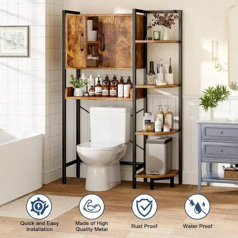 Tier Over Toilet Storage Cabinet with Magnetic Doors, Freestanding Above Toilet Shelf, Rustic Brown, Heavy Duty, Adjustable Feet