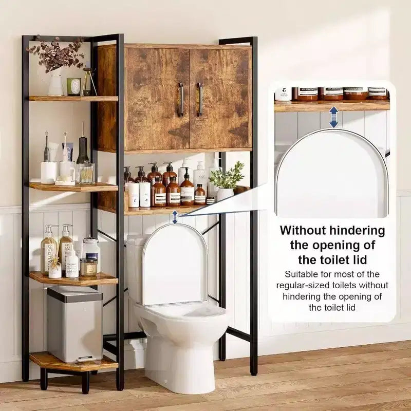 Tier Over Toilet Storage Cabinet with Magnetic Doors, Freestanding Above Toilet Shelf, Rustic Brown, Heavy Duty, Adjustable Feet