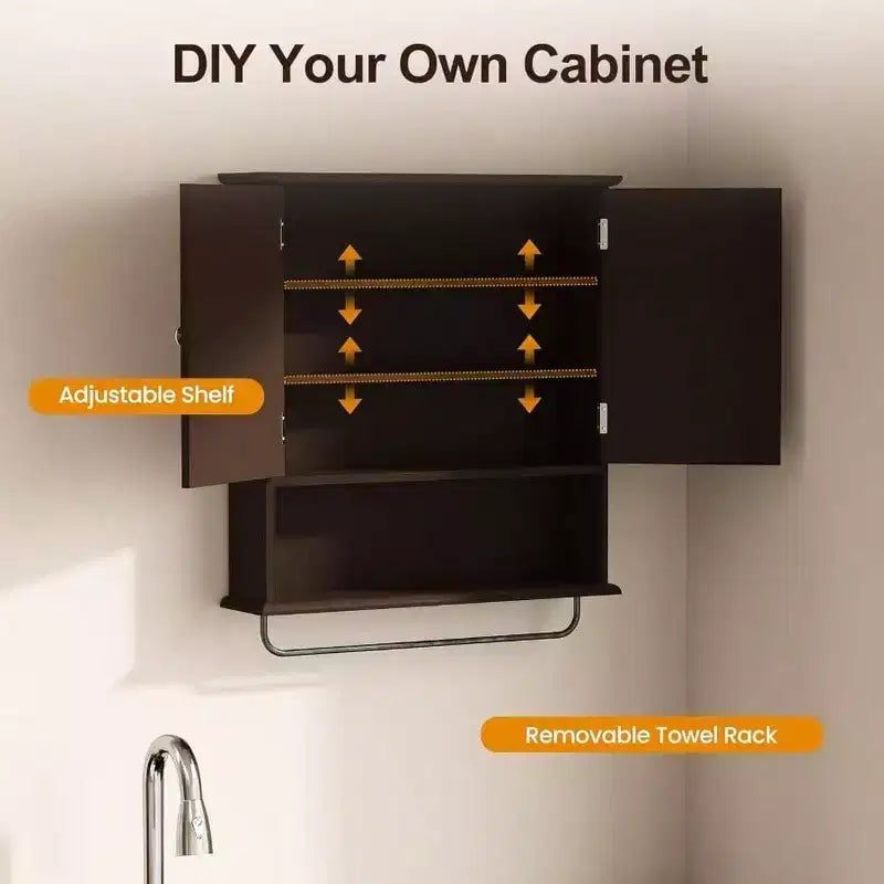 Armadietto da bagno a parete sopra il WC con portasciugamani e mensola regolabile, grande mobiletto contenitore marrone 22x25 pollici