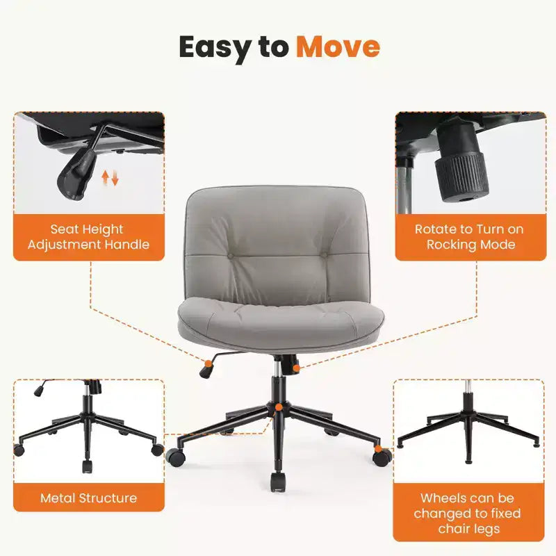 Sedia girevole in pelle PU con base incrociata a rotelle, sedia da ufficio con altezza regolabile e supporto lombare, sedia da gaming senza braccioli per ufficio