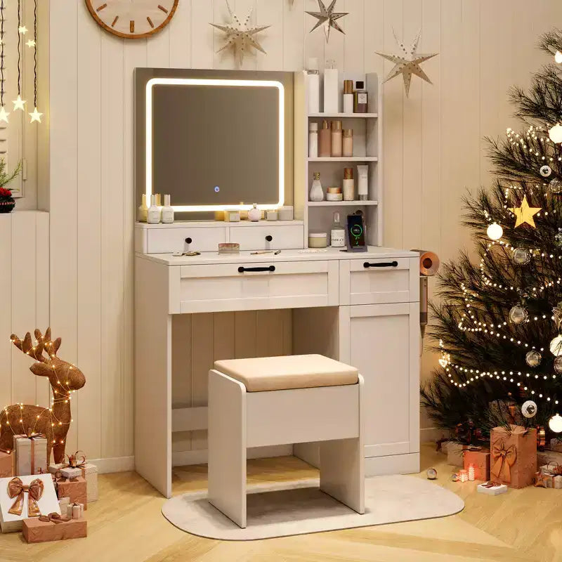 Set toeletta con Sgabello Imbottito Tavolo Trucco con Modalità di Illuminazione Regolabile Luminosità
