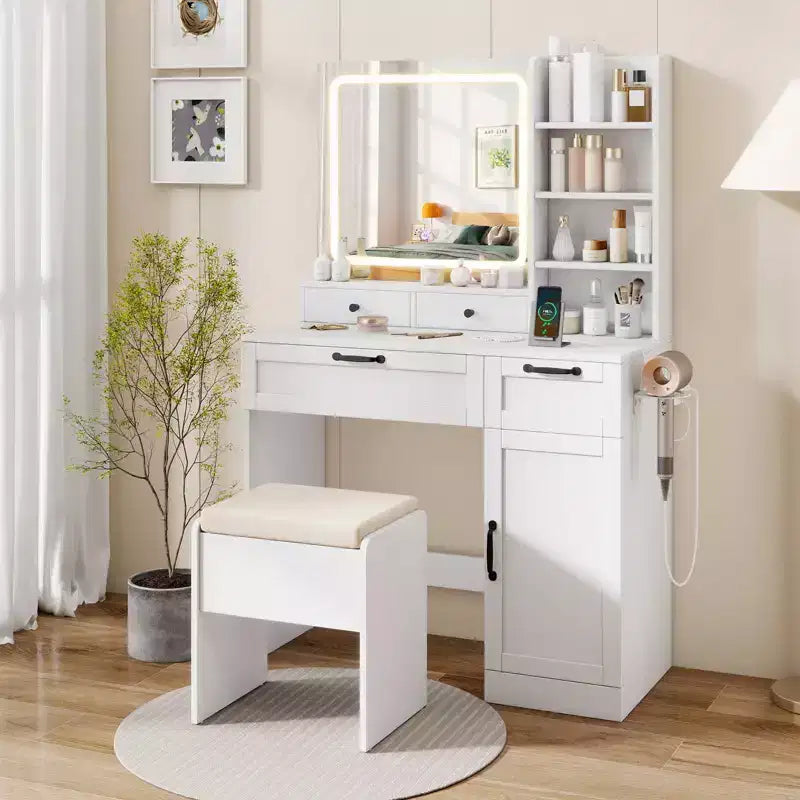 Set toeletta con Sgabello Imbottito Tavolo Trucco con Modalità di Illuminazione Regolabile Luminosità