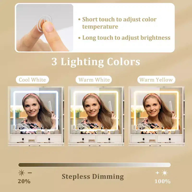 Set toeletta con Sgabello Imbottito Tavolo Trucco con Modalità di Illuminazione Regolabile Luminosità