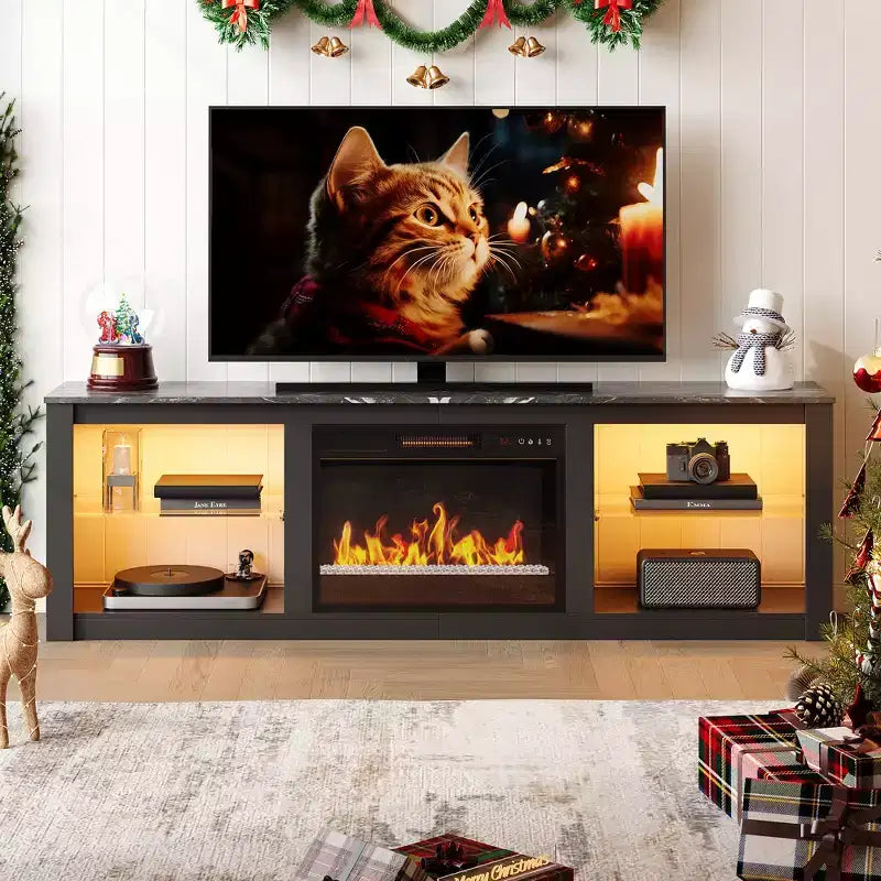 Bestier 71 Fireplace TV Stand for TVs Up to 75, LED Modern TV Console Entertainment Center with Electric Heater & Storage Shelves for Living Room