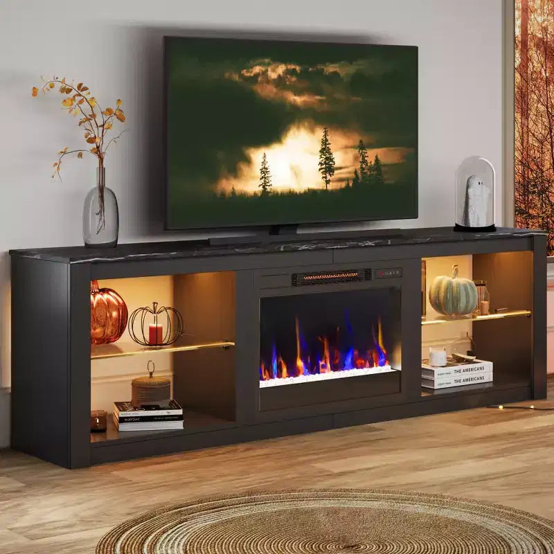 Bestier 71 Fireplace TV Stand for TVs Up to 75, LED Modern TV Console Entertainment Center with Electric Heater & Storage Shelves for Living Room