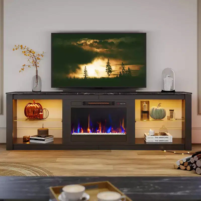 Bestier 71 Fireplace TV Stand for TVs Up to 75, LED Modern TV Console Entertainment Center with Electric Heater & Storage Shelves for Living Room
