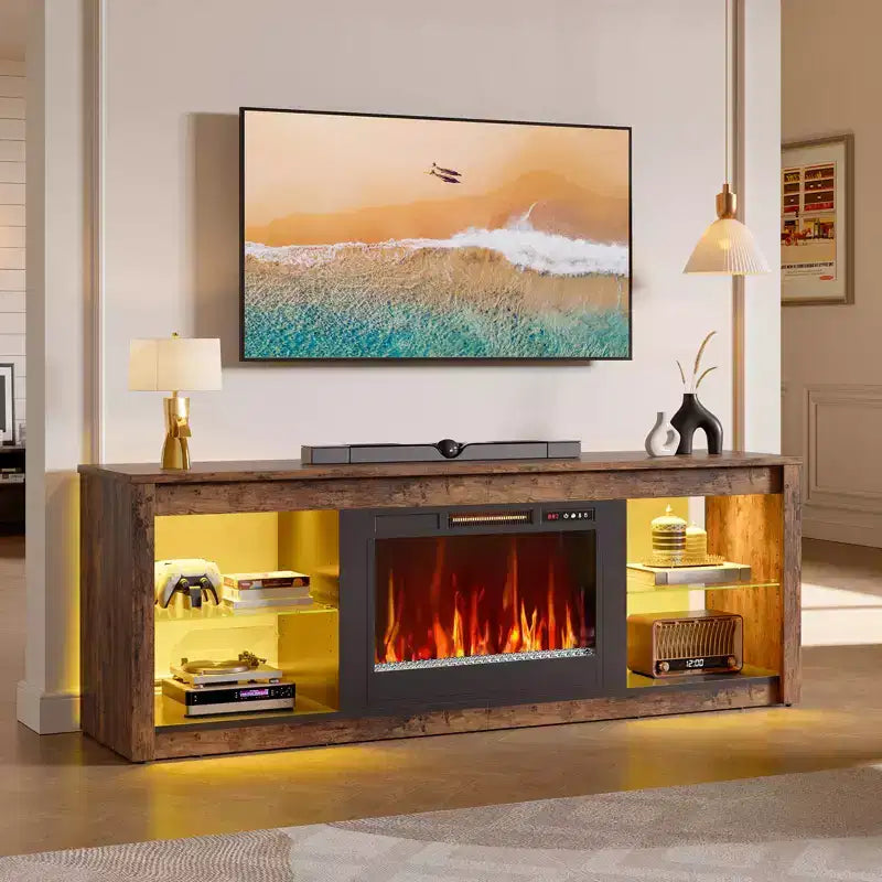 Bestier 71 Fireplace TV Stand for TVs Up to 75, LED Modern TV Console Entertainment Center with Electric Heater & Storage Shelves for Living Room