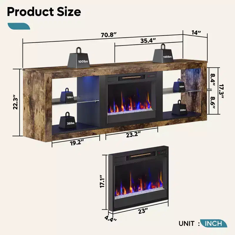 Bestier 71 Fireplace TV Stand for TVs Up to 75, LED Modern TV Console Entertainment Center with Electric Heater & Storage Shelves for Living Room