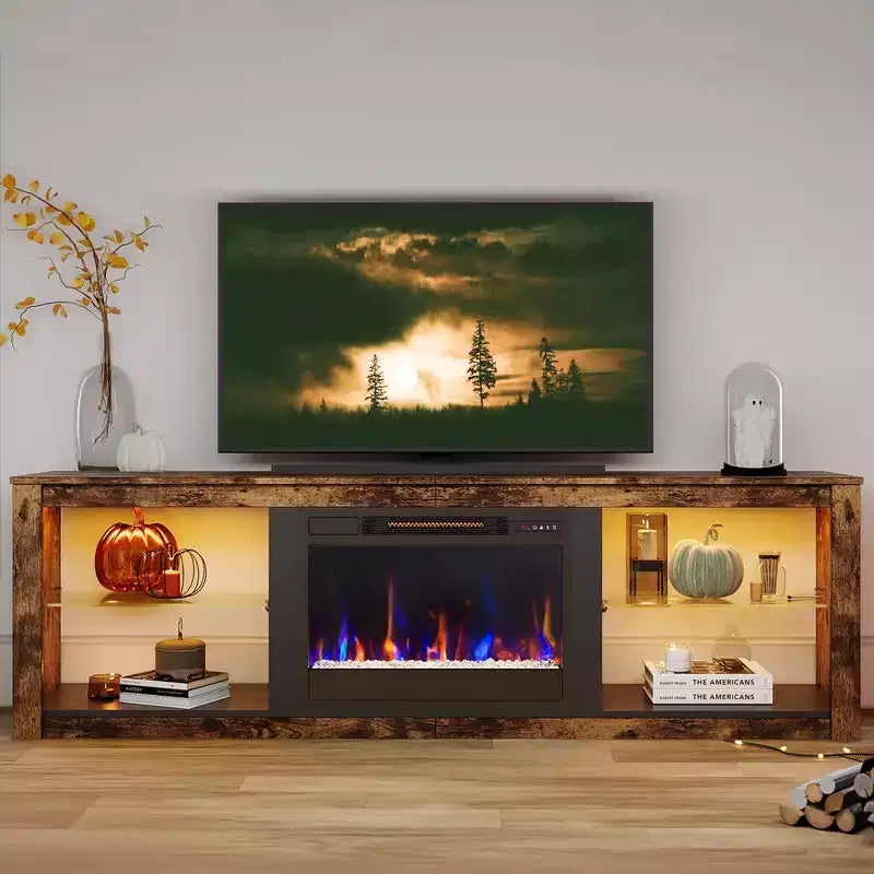 Bestier 71 Fireplace TV Stand for TVs Up to 75, LED Modern TV Console Entertainment Center with Electric Heater & Storage Shelves for Living Room