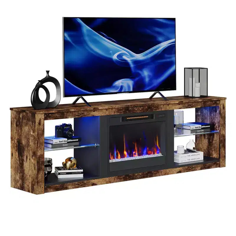 Bestier 71 Fireplace TV Stand for TVs Up to 75, LED Modern TV Console Entertainment Center with Electric Heater & Storage Shelves for Living Room