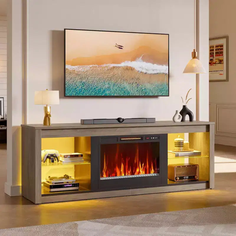 Bestier 71 Fireplace TV Stand for TVs Up to 75, LED Modern TV Console Entertainment Center with Electric Heater & Storage Shelves for Living Room