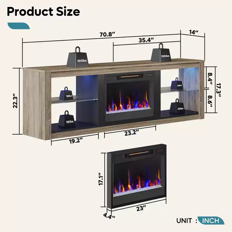 Bestier 71 Fireplace TV Stand for TVs Up to 75, LED Modern TV Console Entertainment Center with Electric Heater & Storage Shelves for Living Room