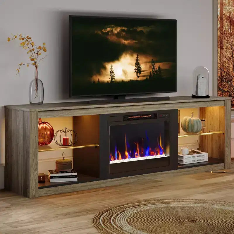 Bestier 71 Fireplace TV Stand for TVs Up to 75, LED Modern TV Console Entertainment Center with Electric Heater & Storage Shelves for Living Room
