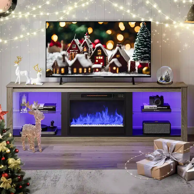 Bestier 71 Fireplace TV Stand for TVs Up to 75, LED Modern TV Console Entertainment Center with Electric Heater & Storage Shelves for Living Room