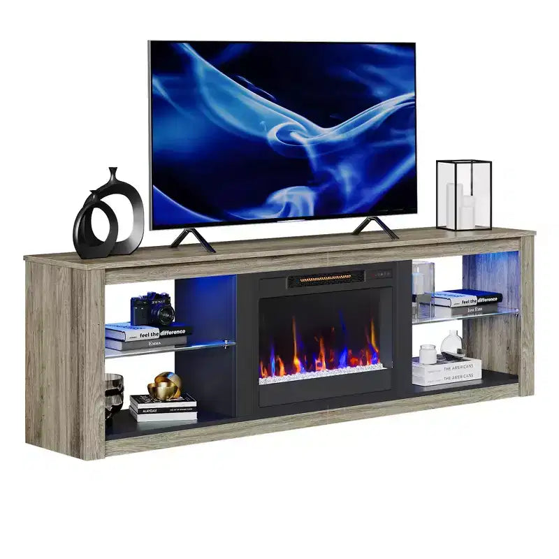 Bestier 71 Fireplace TV Stand for TVs Up to 75, LED Modern TV Console Entertainment Center with Electric Heater & Storage Shelves for Living Room