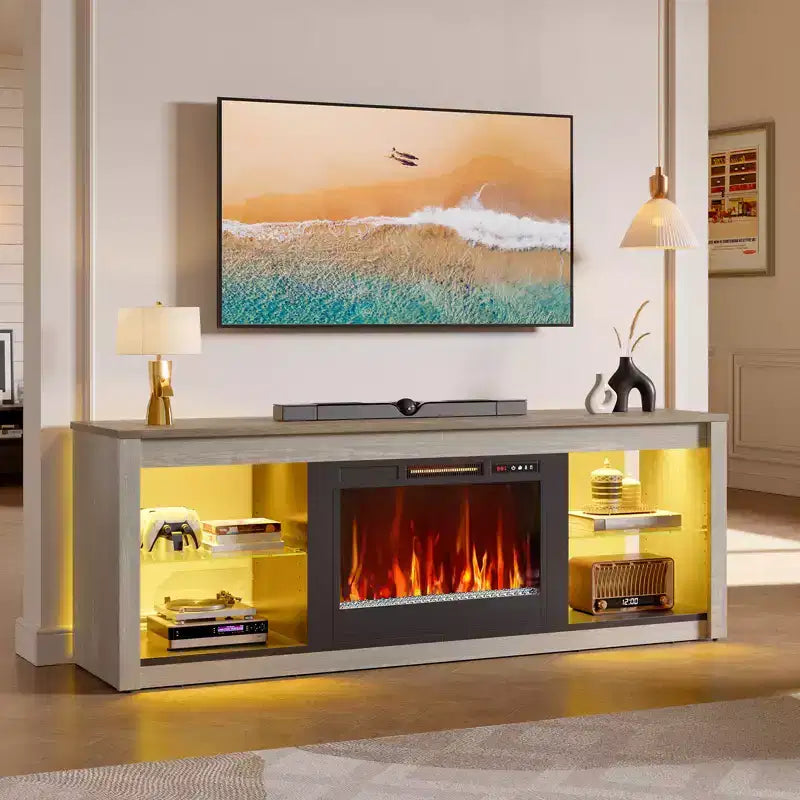 Bestier 71 Fireplace TV Stand for TVs Up to 75, LED Modern TV Console Entertainment Center with Electric Heater & Storage Shelves for Living Room