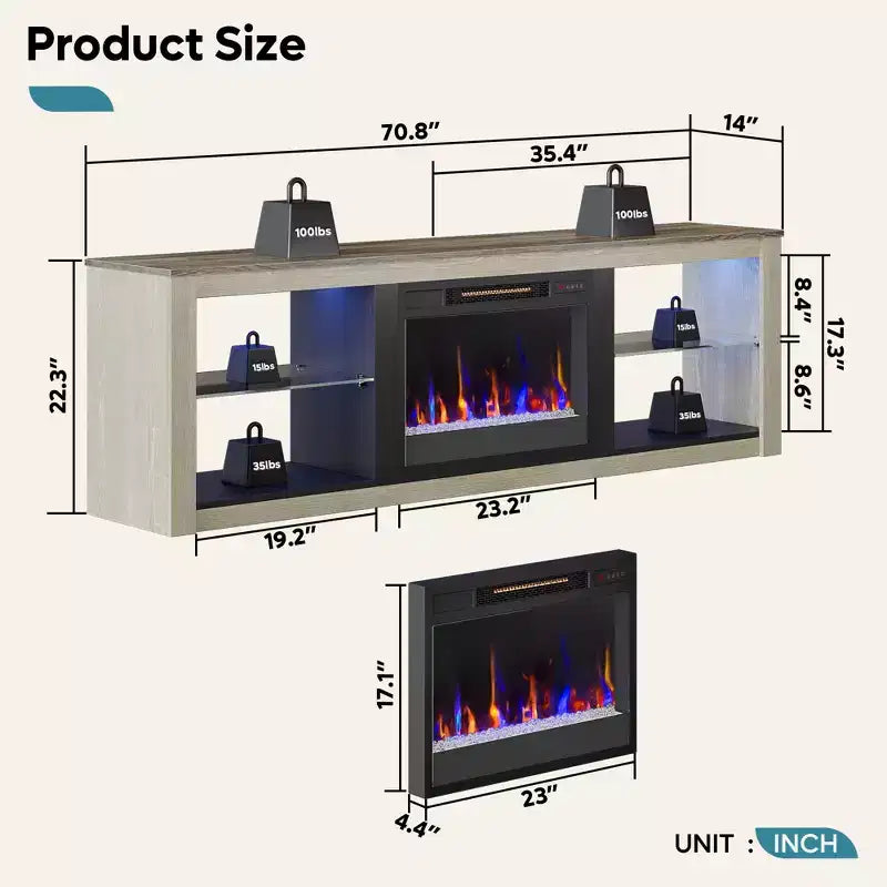 Bestier 71 Fireplace TV Stand for TVs Up to 75, LED Modern TV Console Entertainment Center with Electric Heater & Storage Shelves for Living Room