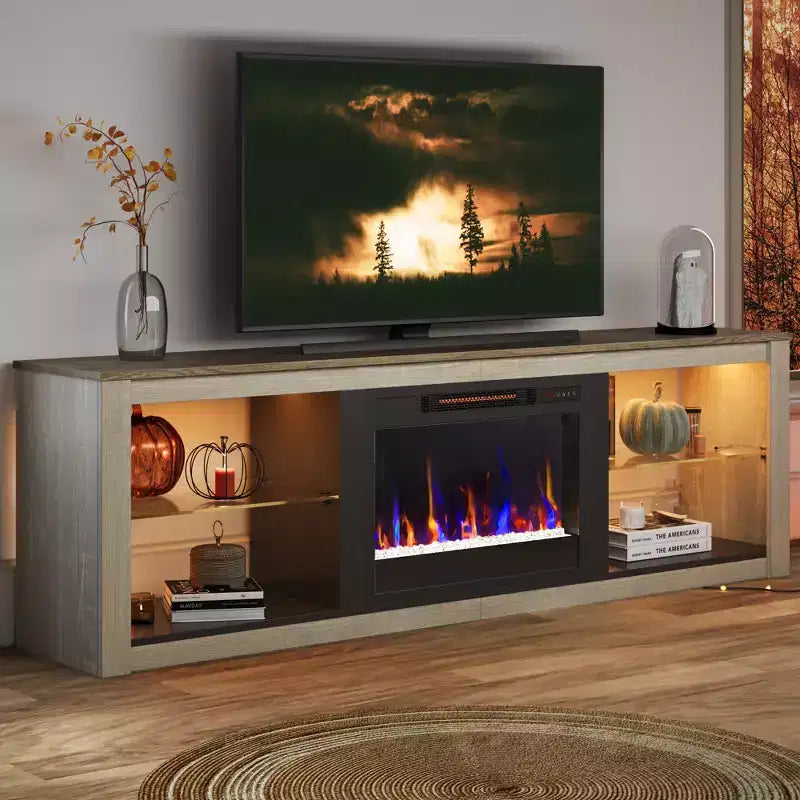 Bestier 71 Fireplace TV Stand for TVs Up to 75, LED Modern TV Console Entertainment Center with Electric Heater & Storage Shelves for Living Room