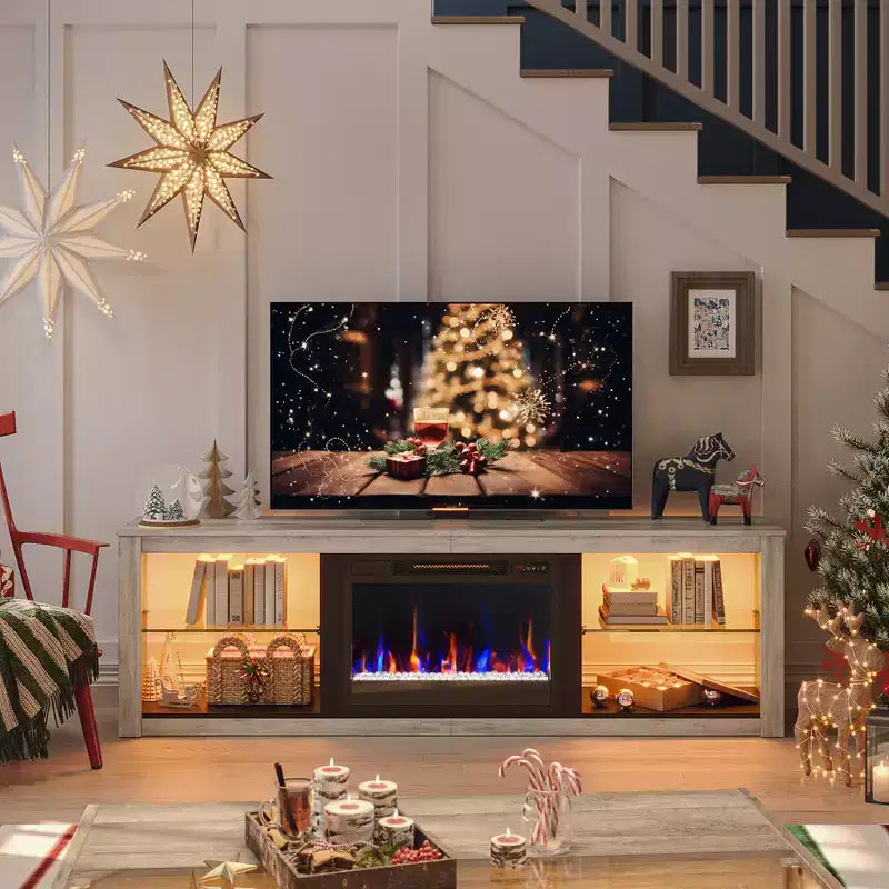 Bestier 71 Fireplace TV Stand for TVs Up to 75, LED Modern TV Console Entertainment Center with Electric Heater & Storage Shelves for Living Room
