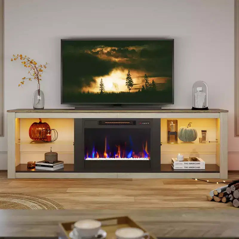 Bestier 71 Fireplace TV Stand for TVs Up to 75, LED Modern TV Console Entertainment Center with Electric Heater & Storage Shelves for Living Room