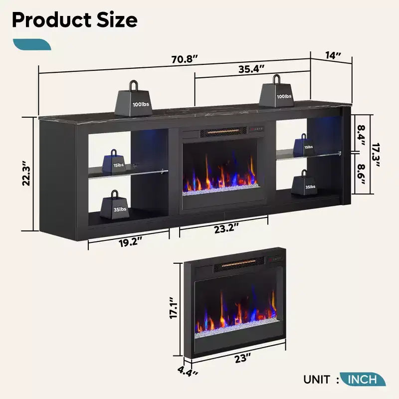 Bestier 71 Fireplace TV Stand for TVs Up to 75, LED Modern TV Console Entertainment Center with Electric Heater & Storage Shelves for Living Room