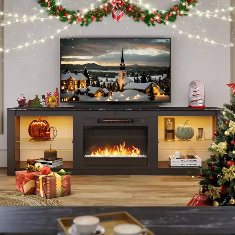 Bestier 71 Fireplace TV Stand for TVs Up to 75, LED Modern TV Console Entertainment Center with Electric Heater & Storage Shelves for Living Room