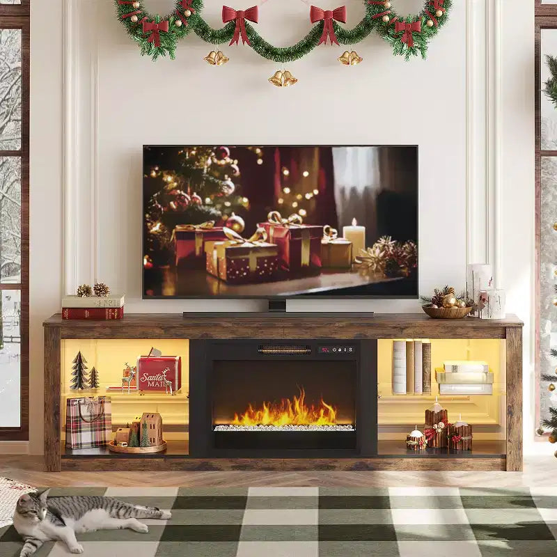 Bestier 71 Fireplace TV Stand for TVs Up to 75, LED Modern TV Console Entertainment Center with Electric Heater & Storage Shelves for Living Room
