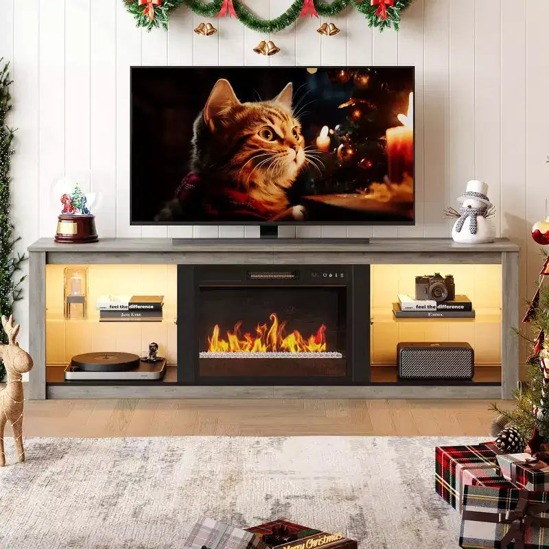 Bestier 71 Fireplace TV Stand for TVs Up to 75, LED Modern TV Console Entertainment Center with Electric Heater & Storage Shelves for Living Room