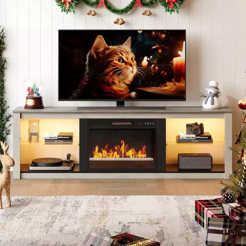 Bestier 71 Fireplace TV Stand for TVs Up to 75, LED Modern TV Console Entertainment Center with Electric Heater & Storage Shelves for Living Room