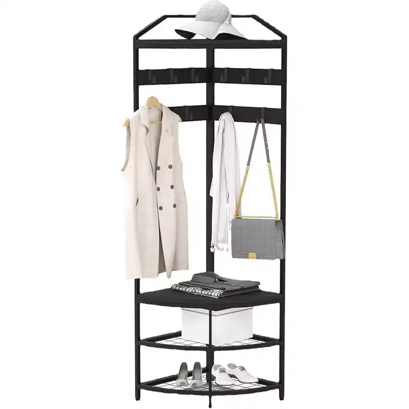 Corner Coat Rack, Modern Metal Clothes Racks Corner Hall Tree Clothing Floor Freestanding Garment with Shelves Storage for Bedroom Living Room