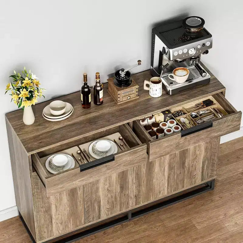 55in Sideboard Buffet Cabinet,Large Accent Modern Storage Cabinet with Metal Frame Base 2 Drawers and 4 Doors,Coffee Bar Table for Kitchen,Dining Room