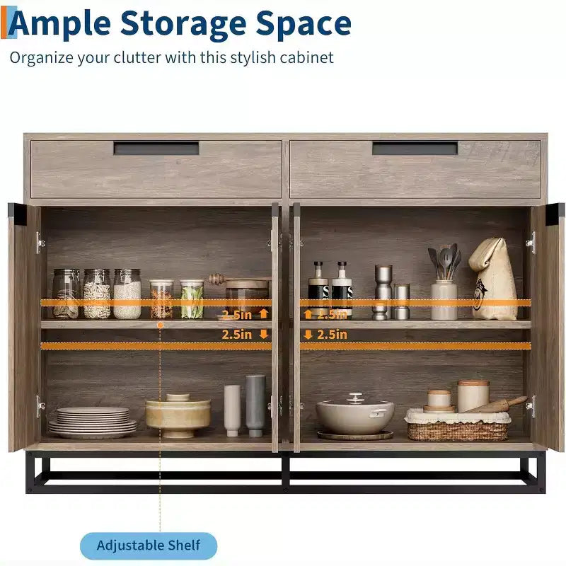 55in Sideboard Buffet Cabinet,Large Accent Modern Storage Cabinet with Metal Frame Base 2 Drawers and 4 Doors,Coffee Bar Table for Kitchen,Dining Room