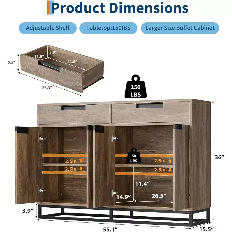 55in Sideboard Buffet Cabinet,Large Accent Modern Storage Cabinet with Metal Frame Base 2 Drawers and 4 Doors,Coffee Bar Table for Kitchen,Dining Room