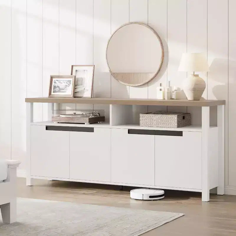 Mobile TV rustico per TV da 70 pollici, mobile da intrattenimento lungo 160 cm con contenitore e ripiano aperto, porta TV grande, moderno tavolo console multimediale alto