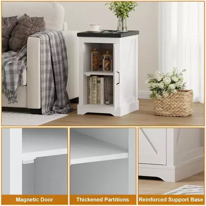 Farmhouse Charging Nightstand - Retro Bedside Table with 2 AC Outlets, 2 USB Ports, Adjustable Shelf & Cord Management, Distressed White