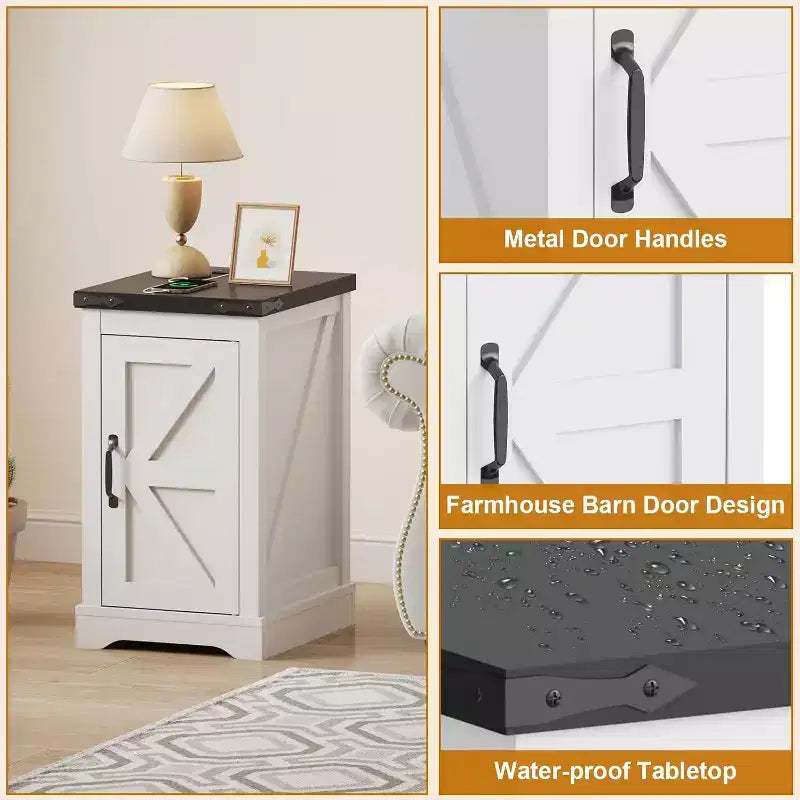 Farmhouse Charging Nightstand - Retro Bedside Table with 2 AC Outlets, 2 USB Ports, Adjustable Shelf & Cord Management, Distressed White