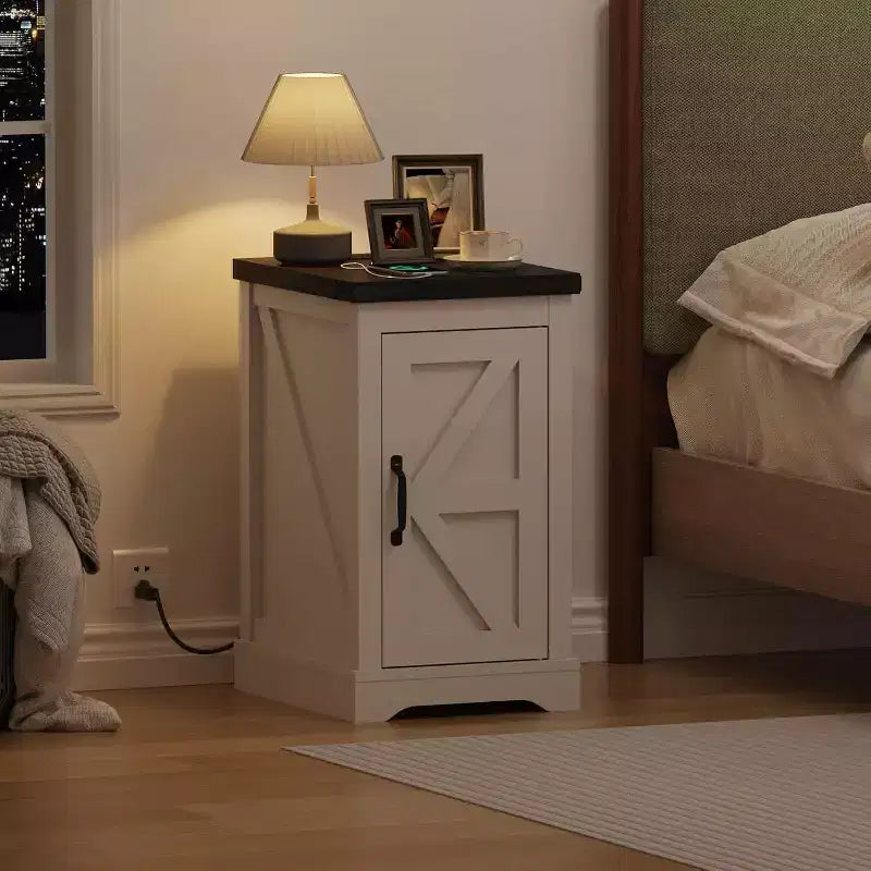 Farmhouse Charging Nightstand - Retro Bedside Table with 2 AC Outlets, 2 USB Ports, Adjustable Shelf & Cord Management, Distressed White